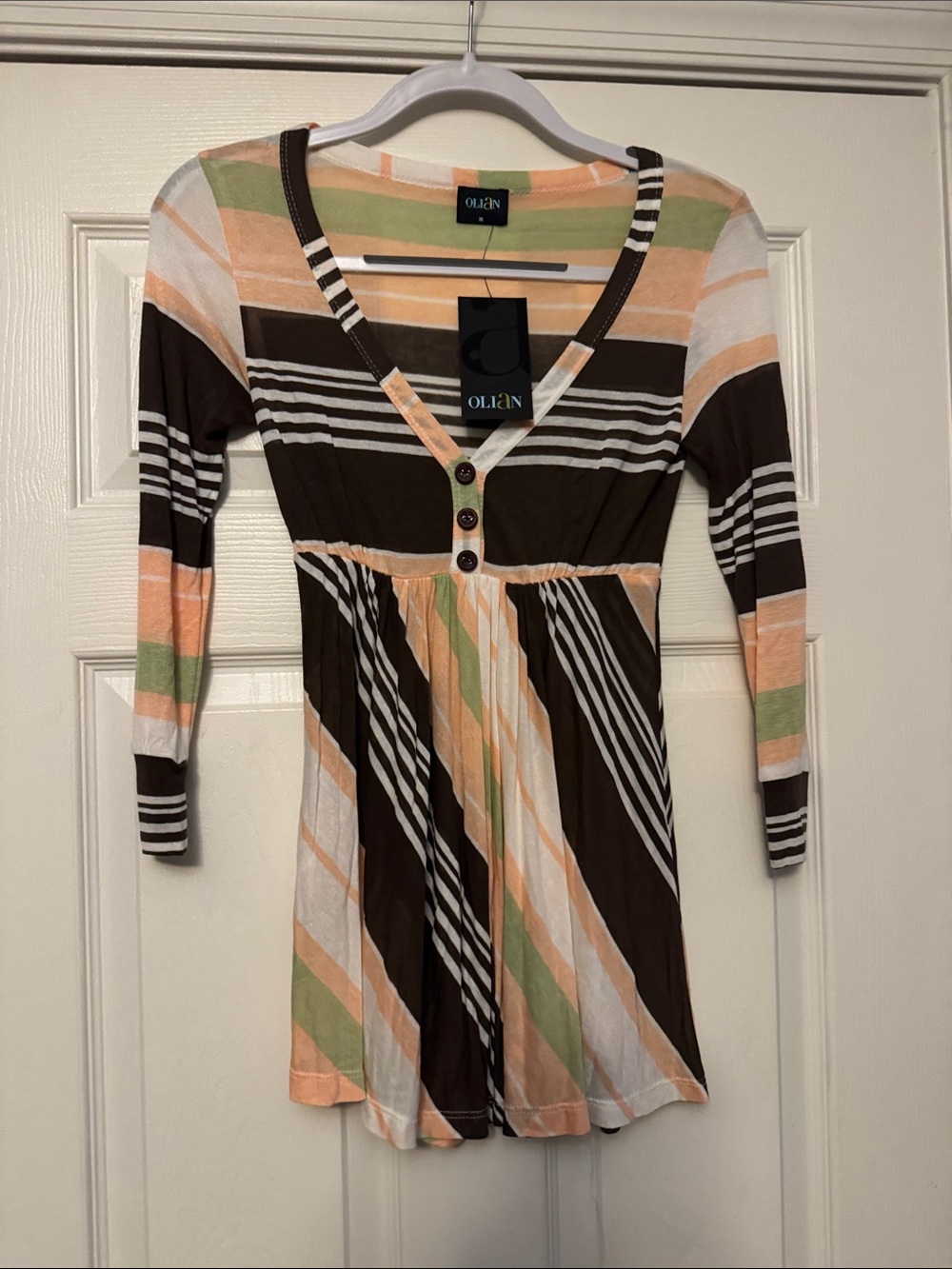 NWT OLIaN Sheer Women’s Striped Shirt in size XS-Brown, Green, White, and peach